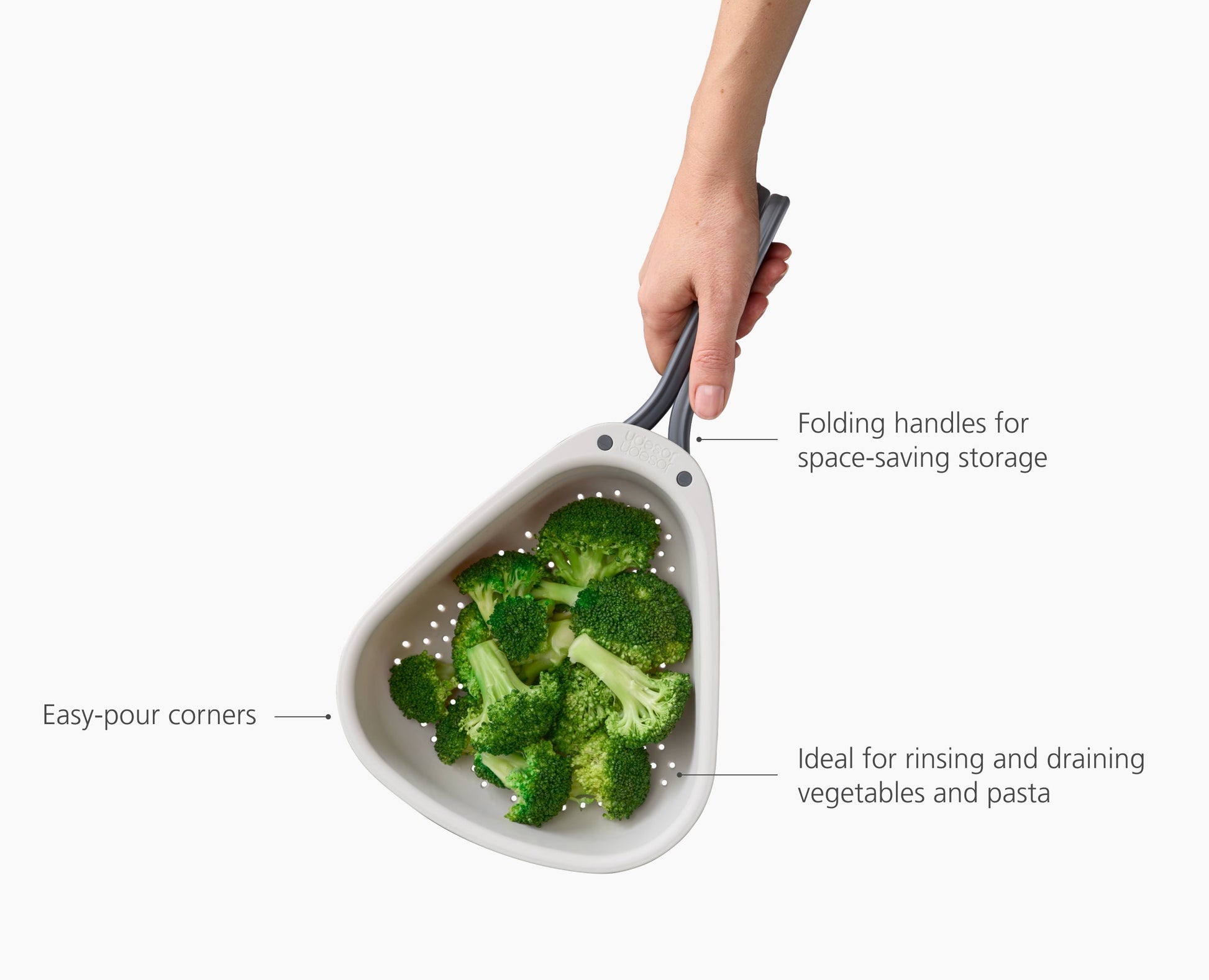 [half-width] Droplet Large White Colander with Folding Handle